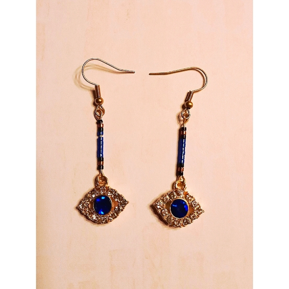 Evil Eye blue crystal gold miyuki seed bead dangle drop earrings
